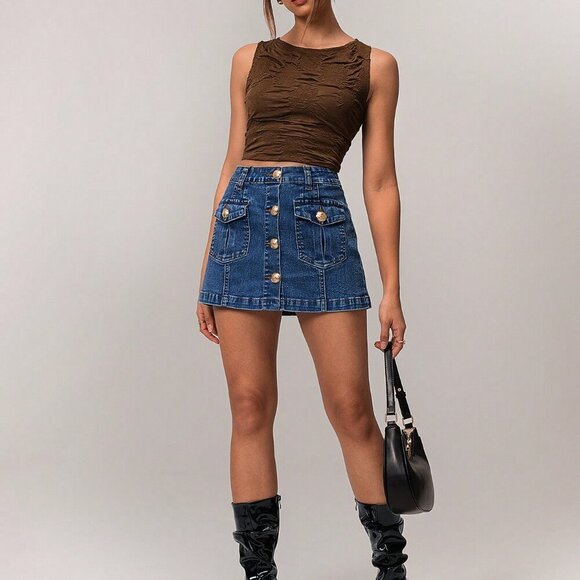 Blue Casual Women's Front & Middle Zipper Washed Denim Skirt - Picture 2 of 7